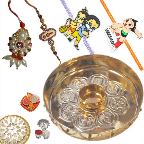 Silver Puja Thali with Sweets & 4 Rakhi Set 13